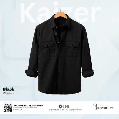 Double Pocket Matching Snap Button Kaizer Cotton Shirt (Black)