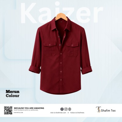 Double Pocket Matching Snap Button Kaizer Cotton Shirt (Merun)