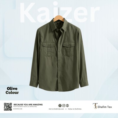 Double Pocket Matching Snap Button Kaizer Cotton Shirt (Olive)