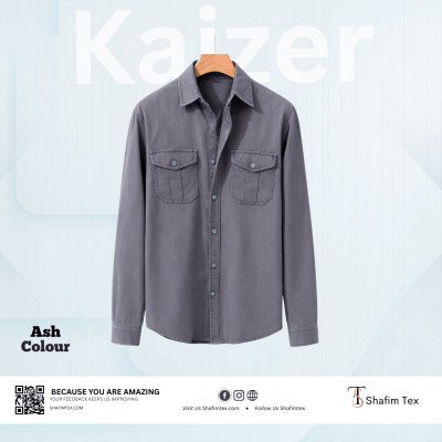 Double Pocket Matching Snap Button Kaizer Cotton Shirt (Ash)