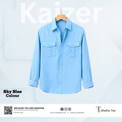 Double Pocket Matching Snap Button Kaizer Cotton Shirt (Sky Blue)