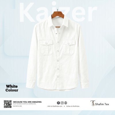 Double Pocket Matching Snap Button Kaizer Cotton Shirt (White)