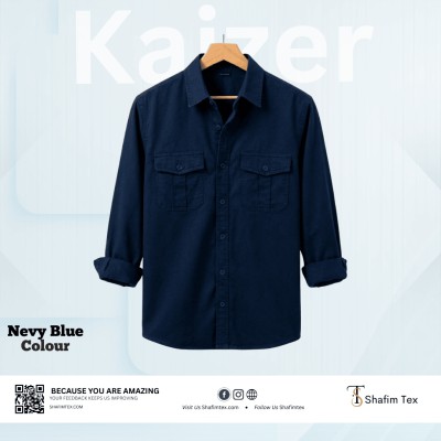 Double Pocket Matching Snap Button Kaizer Cotton Shirt (Nevy Blue)