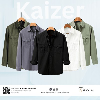 Double Pocket Matching Snap Button Kaizer Cotton Shirt (Olive+Ash+Black+White+Pani)