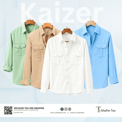 Double Pocket Matching Snap Button Kaizer Cotton Shirt (Lemon+Bisket+White+Sky Blue)