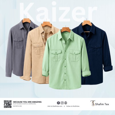 Double Pocket Matching Snap Button Kaizer Cotton Shirt (Ash+Bisket+Lemon+Nevy Blue)