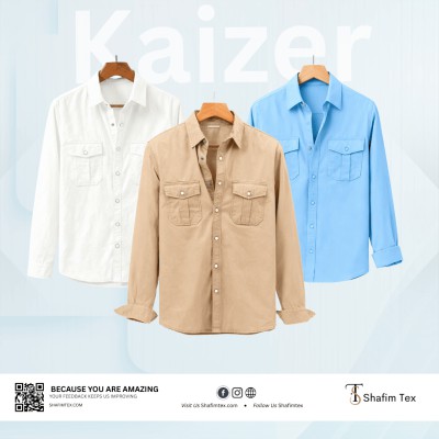 Double Pocket Matching Snap Button Kaizer Cotton Shirt (White+Bisket+Sky Blue)
