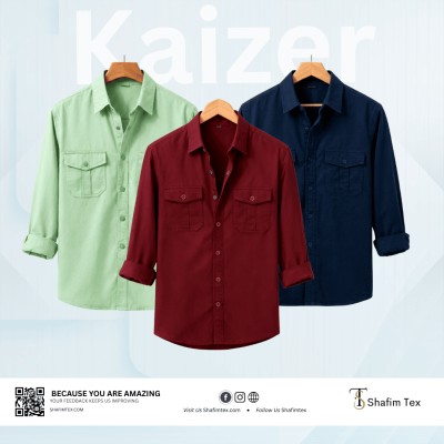 Double Pocket Matching Snap Button Kaizer Cotton Shirt (Lemon+Merun+Nevy Blue)