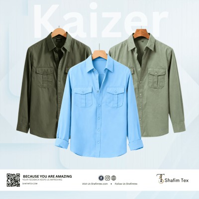Double Pocket Matching Snap Button Kaizer Cotton Shirt (Olive+Sky Blue+Pani)