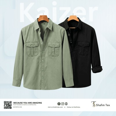 Double Pocket Matching Snap Button Kaizer Cotton Shirt (Pani+Black)