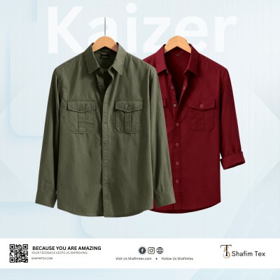 Double Pocket Matching Snap Button Kaizer Cotton Shirt (Olive + Merun)