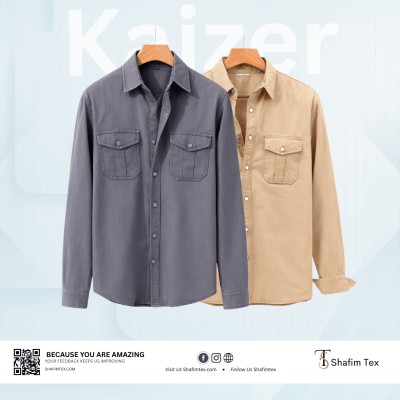 Double Pocket Matching Snap Button Kaizer Cotton Shirt (Ash+Bisket)