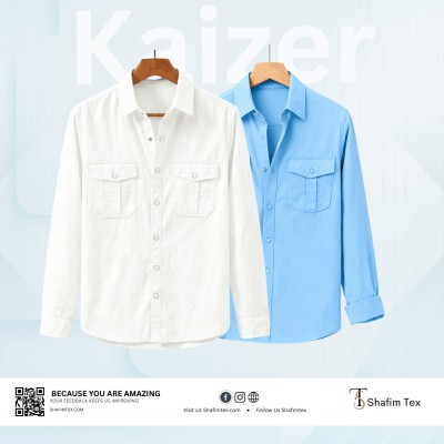 Double Pocket Matching Snap Button Kaizer Cotton Shirt (White+Sky Blue)