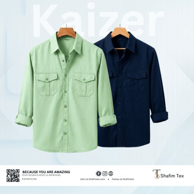 Double Pocket Matching Snap Button Kaizer Cotton Shirt (Lemon+Nevy Blue)