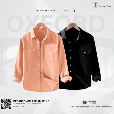 Long Sleeve Double Pocket Shirt (Black+Pink)