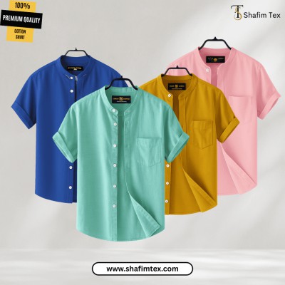 Men's Ban Collar half sleeve Shirt (Blue+Fest+Yellow+Pink)