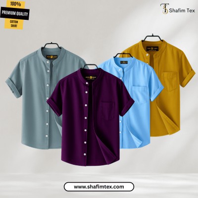 Men's Ban Collar half sleeve Shirt (Ash+Zam+Sky+Yellow)