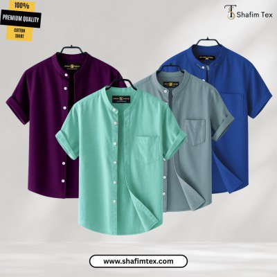 Men's Ban Collar half sleeve Shirt (Zam+Fest+Ash+Blue)