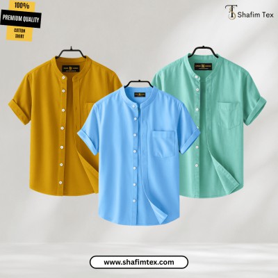 Men's Ban Collar half sleeve Shirt (Yellow+Sky+Fest)