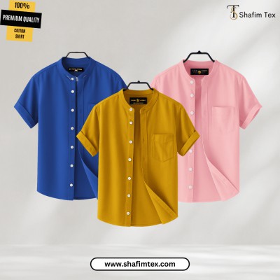Men's Ban Collar half sleeve Shirt (Blue+Yellow+Pink)