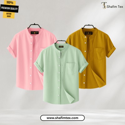 Men's Ban Collar half sleeve Shirt (Pink+Lemon+Yellow)