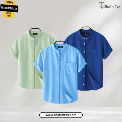 Men's Ban Collar half sleeve Shirt (Lemon+Sky+Blue)