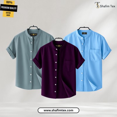 Men's Ban Collar half sleeve Shirt (Ash+Zam+Sky)