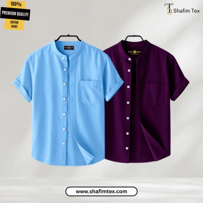 Men's Ban Collar half sleeve Shirt (Sky+Zam)