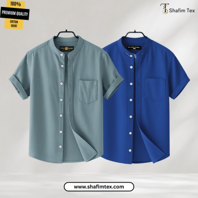 Men's Ban Collar half sleeve Shirt (Ash+Blue)