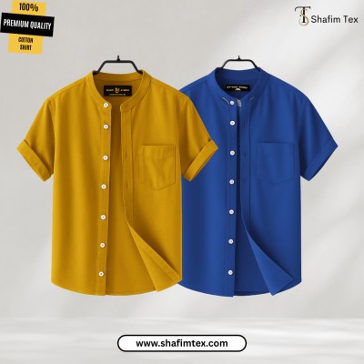 Men's Ban Collar half sleeve Shirt (Yellow+Blue)