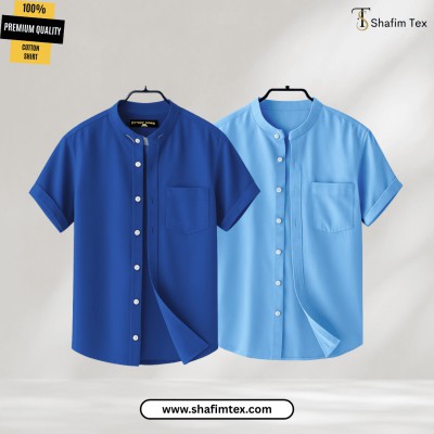 Men's Ban Collar half sleeve Shirt (Blue+Sky)
