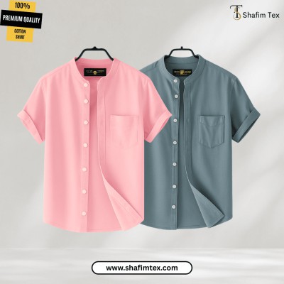 Men's Ban Collar half sleeve Shirt (Pink+Ash)