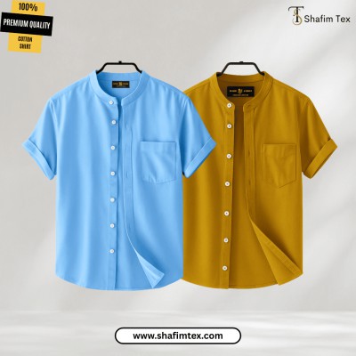 Men's Ban Collar half sleeve Shirt (Sky+Yellow)