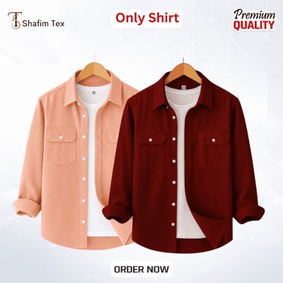 Long Sleeve Double Pocket Shirt (pink+merun)