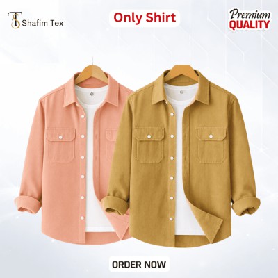 Long Sleeve Double Pocket Shirt ( Pink+khaki )
