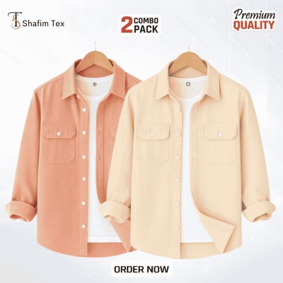 2 Pcs Premium Double Pocket Shirt ( Pink+Cream)