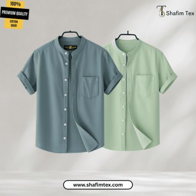 Men's Ban Collar half sleeve Shirt (Ash+Lemon)