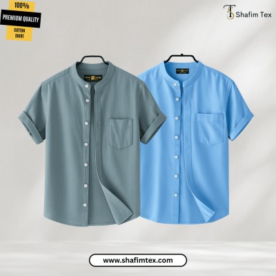 Men's Ban Collar half sleeve Shirt (Ash+Sky blue)