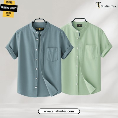 Men's Ban Collar half sleeve Shirt (Ash+Lemon)