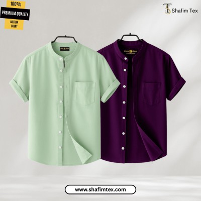 Men's Ban Collar half sleeve Shirt (Lemon+zam)