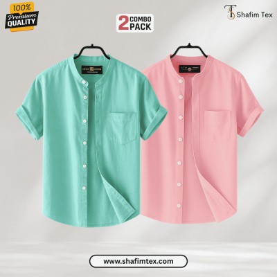 Men's Ban Collar half sleeve Shirt (Fest+Pink)