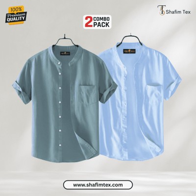 Ban Collar half shirt (Ash+Sky)