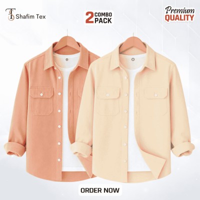 2 Pcs Premium Double Pocket Shirt  (Pink+cream)