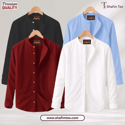 Ban Coller Long Sleeve Shirt for Men (Black+sky+merun+white)