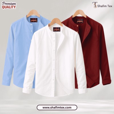 Ban Coller Long Sleeve Shirt for Men (sky+white+merun)