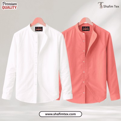 Ban Coller Long Sleeve Shirt for Men (white+pink)