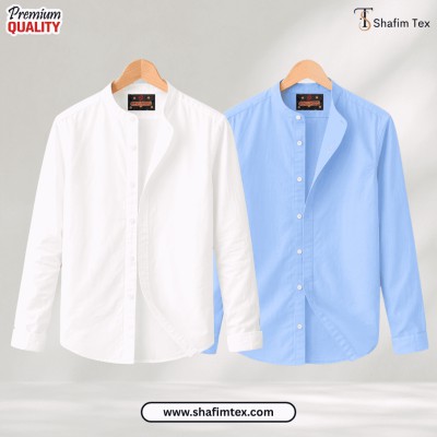 Ban Coller Long Sleeve Shirt for Men (white+sky)