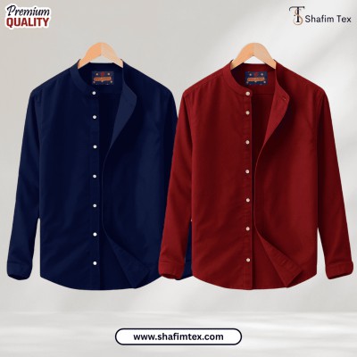 Ban Coller Long Sleeve Shirt for Men (navy blue+merun)