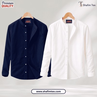 Ban Coller Long Sleeve Shirt for Men (navy blue+white)