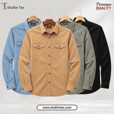 4 Pcs Denim Double Pocket shirt – (Sky+Khaki+Ash+Black)